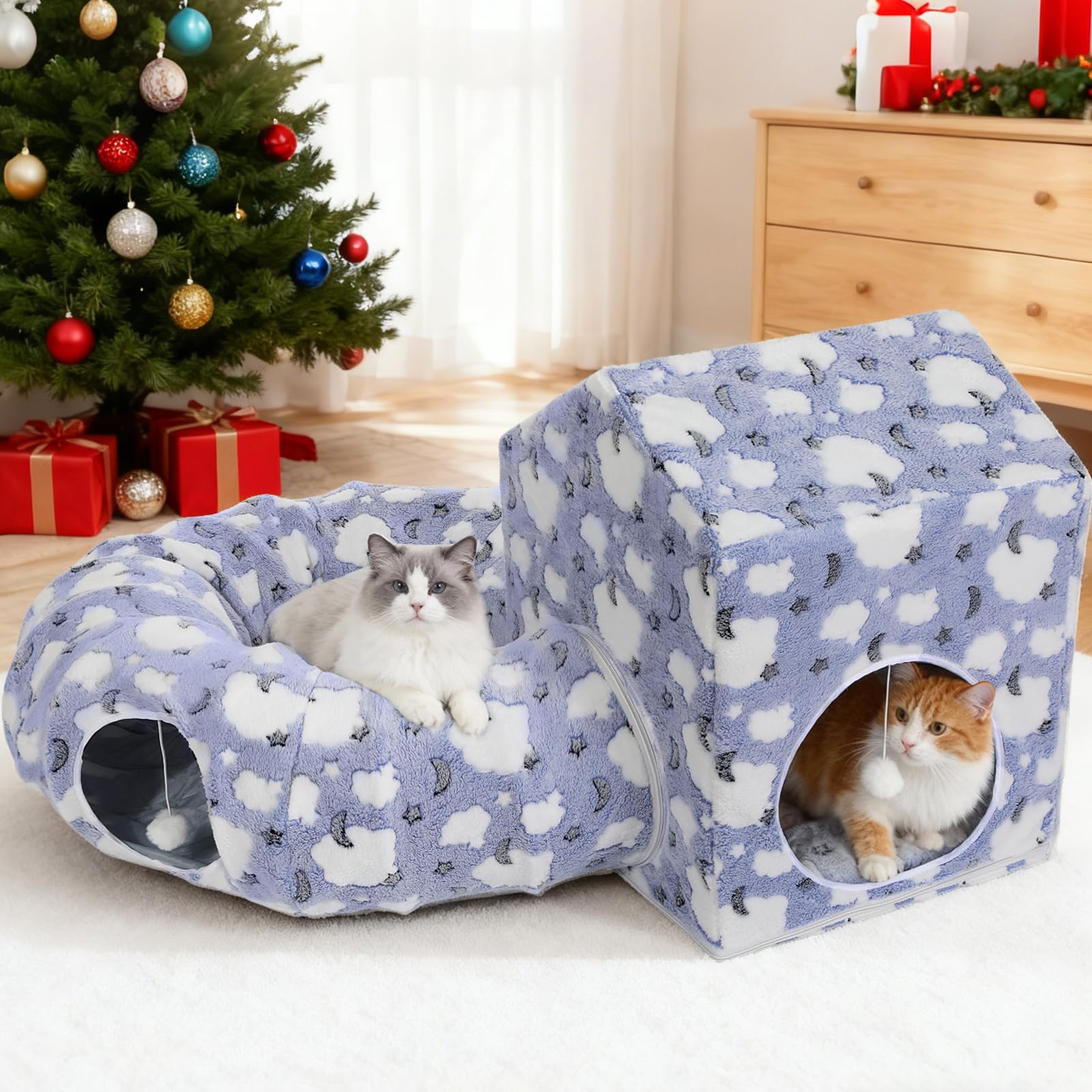 Pawaboo cat tunnel bed with Christmas-tree design in blue and white for festive play and rest.