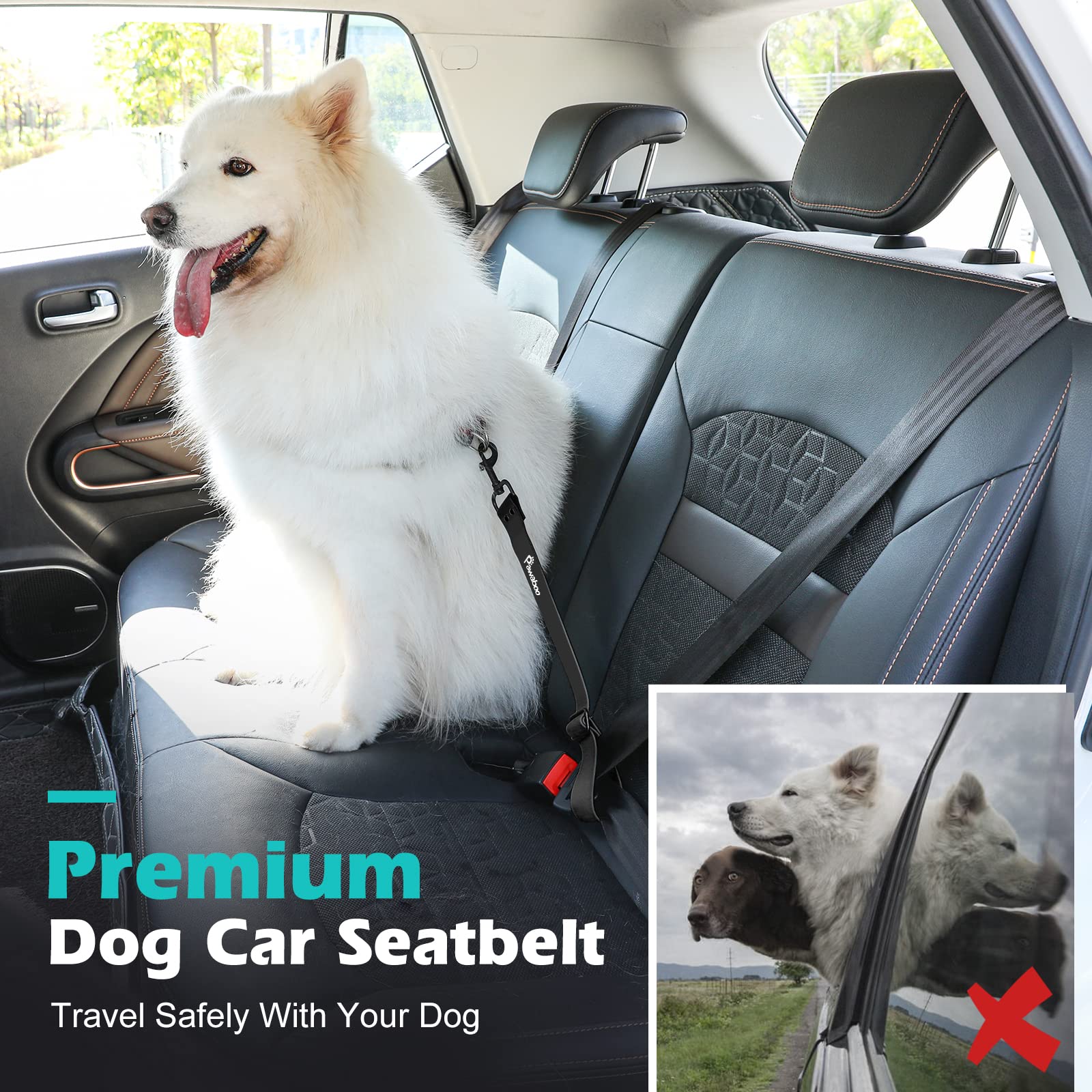 Pawaboo dog car seatbelt 360 swivel clip demonstrates tangle-free movement and comfort