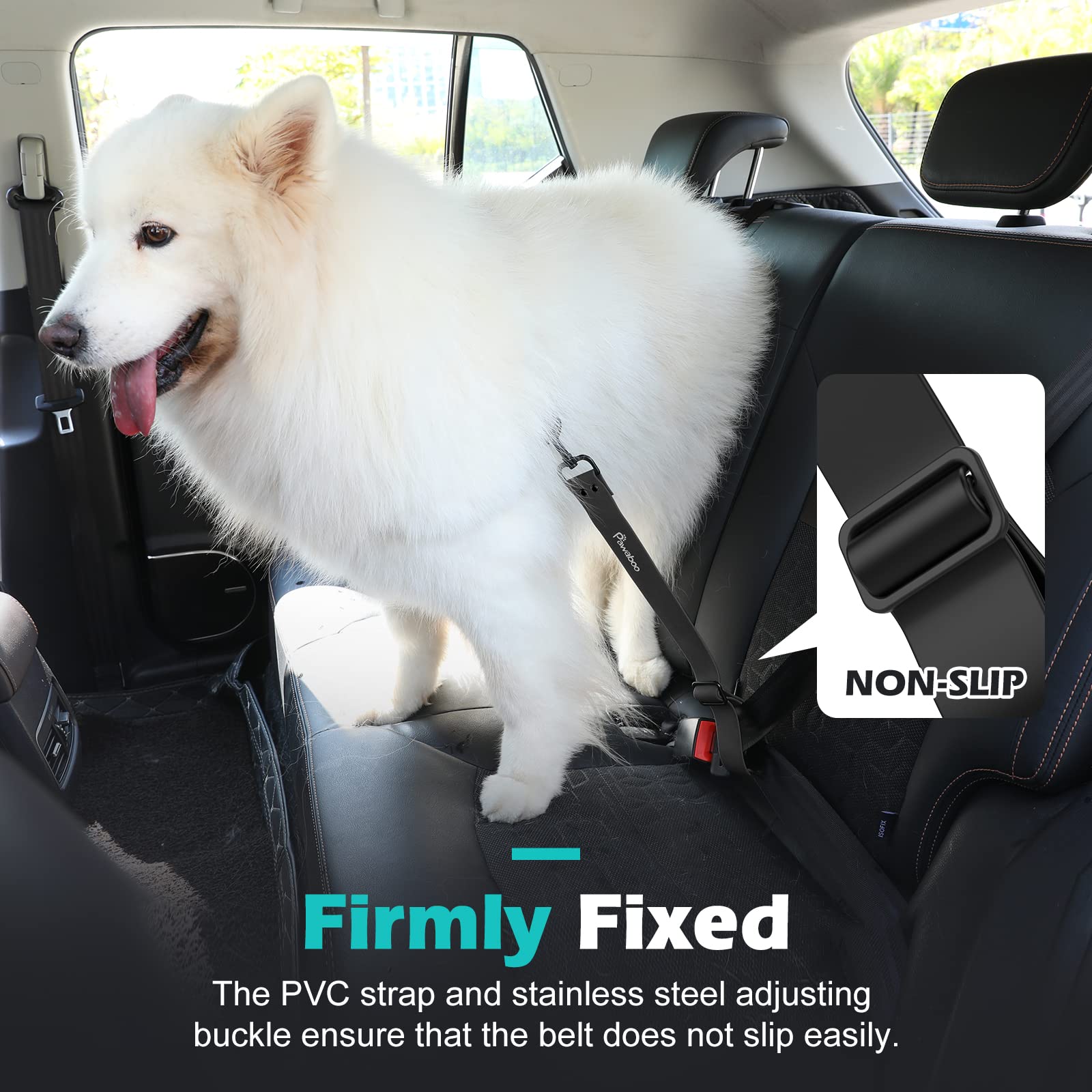 Pawaboo dog car seatbelt harness attachment illustrates easy installation with all cars