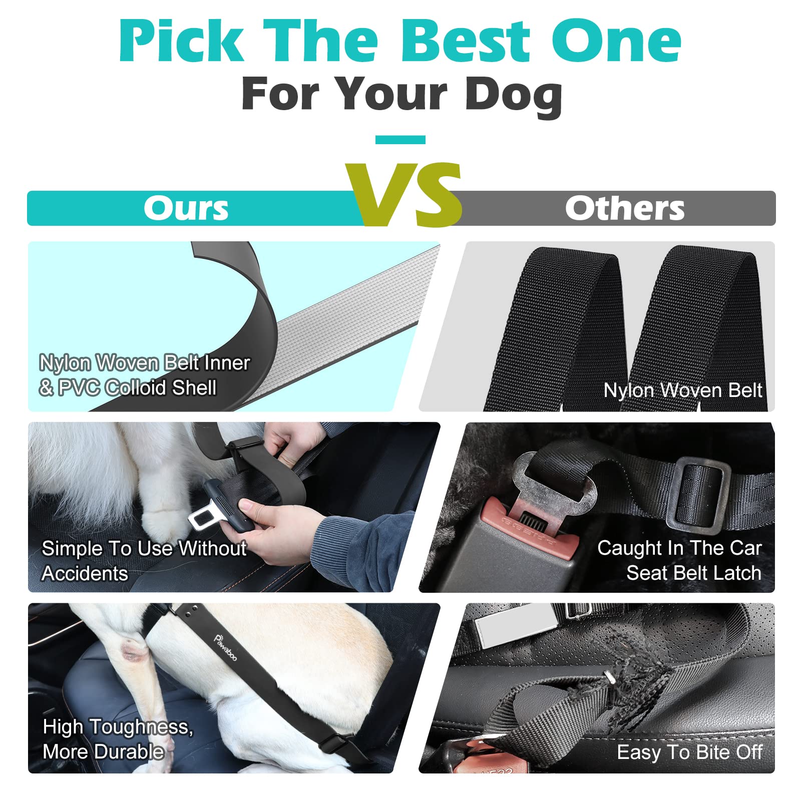 Pawaboo dog car seatbelt PVC shell close-up shows rugged protection during rides