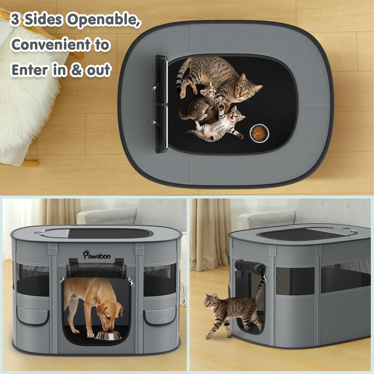 Pawaboo dog playpen includes carrying case for easy transport.