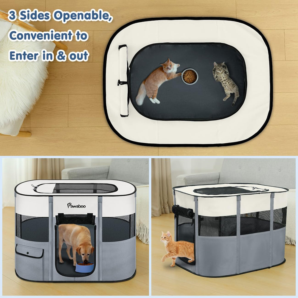 Pawaboo dog playpen folded with carrying bag illustrates easy, on-the-go transport.