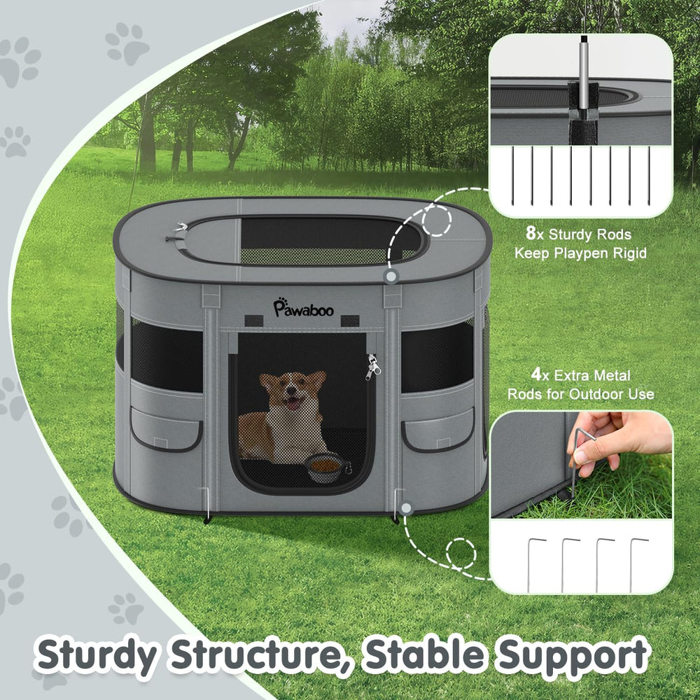 Pawaboo dog playpen includes ground spikes for outdoor stability.