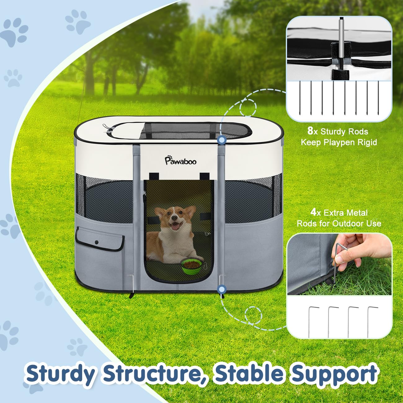 Pawaboo dog playpen with 600D Oxford fabric highlights sturdy, waterproof construction.