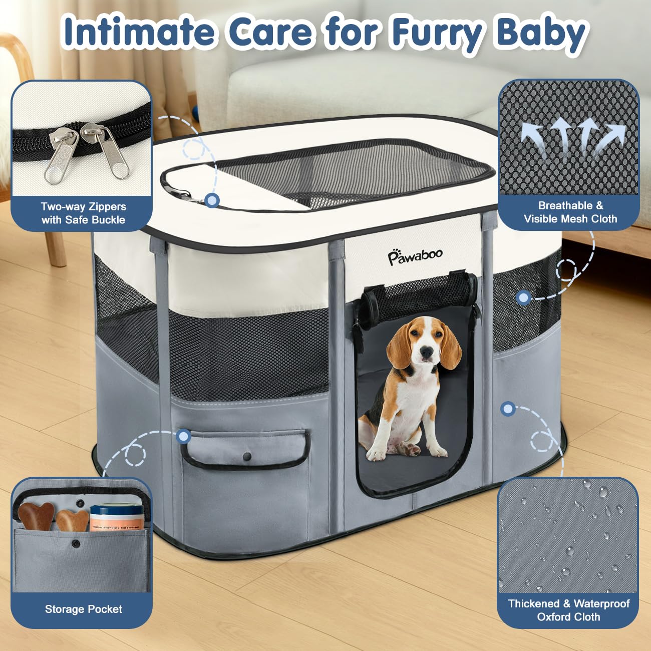 Pawaboo dog playpen rectangular-space design saves room while expanding play area.