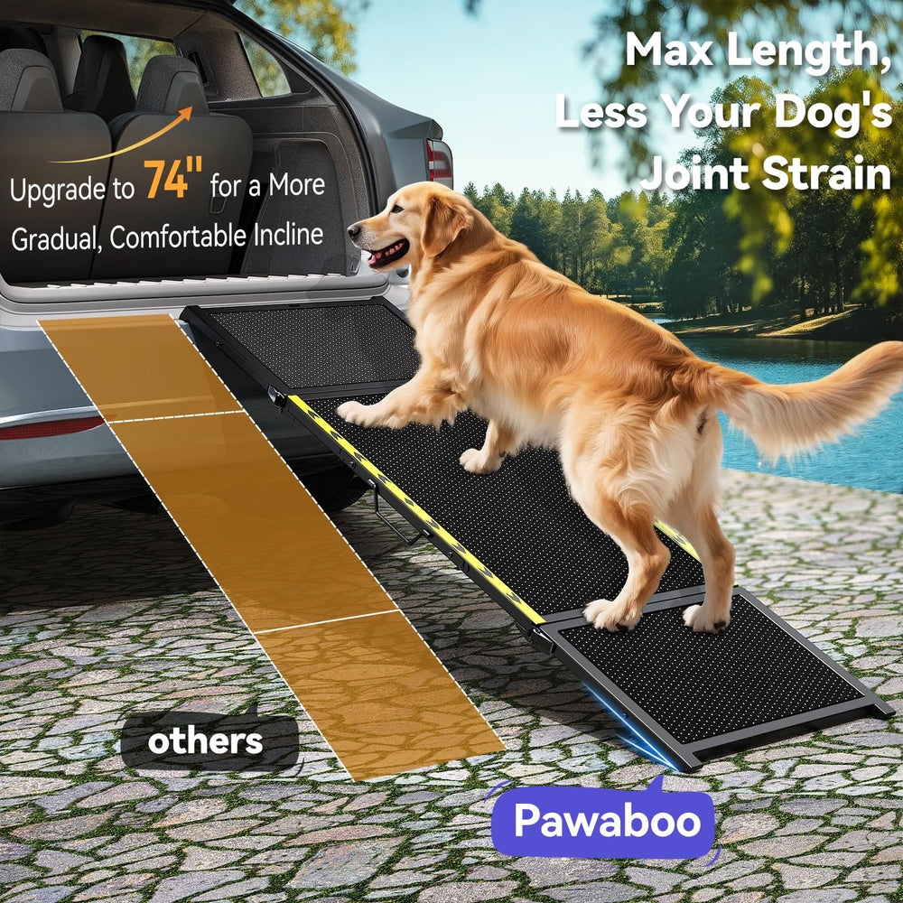 Pawaboo ramp in use demonstrates easy paw placement and dog confidence.