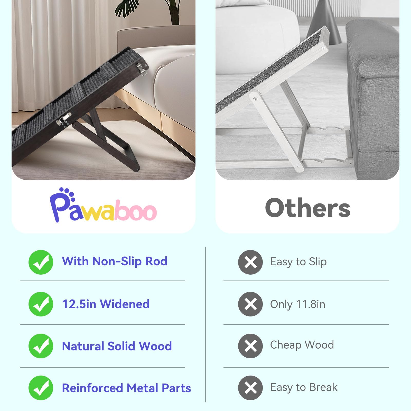 Pawaboo dog ramp features wide 30cm legs for solid support.