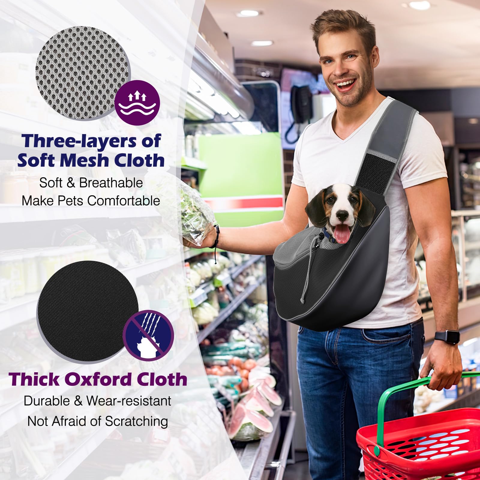 Pawaboo sling with safety collar hook showing secure attachment during walks
