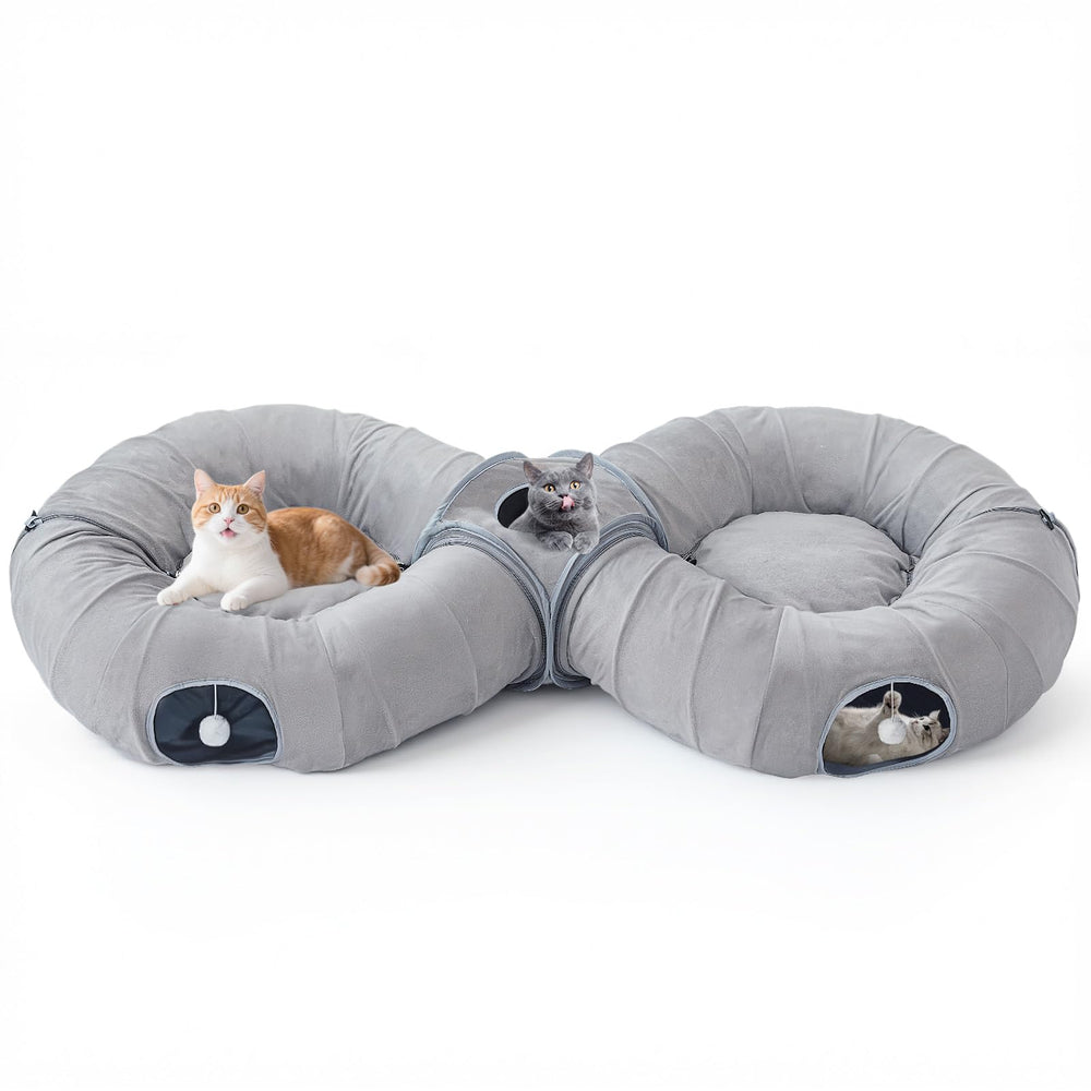 Pawaboo dual tunnel bed assembly showing spacious play space for indoor cats