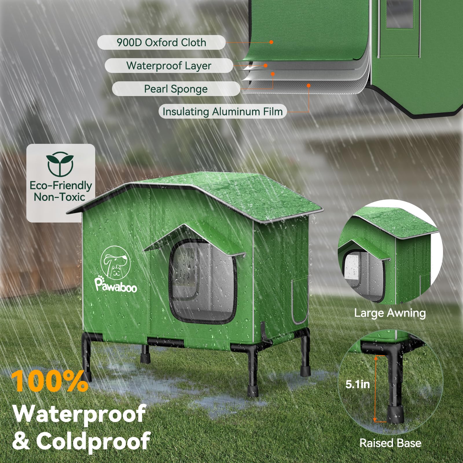 Pawaboo heated cat house elevated base keeps cats dry off wet ground