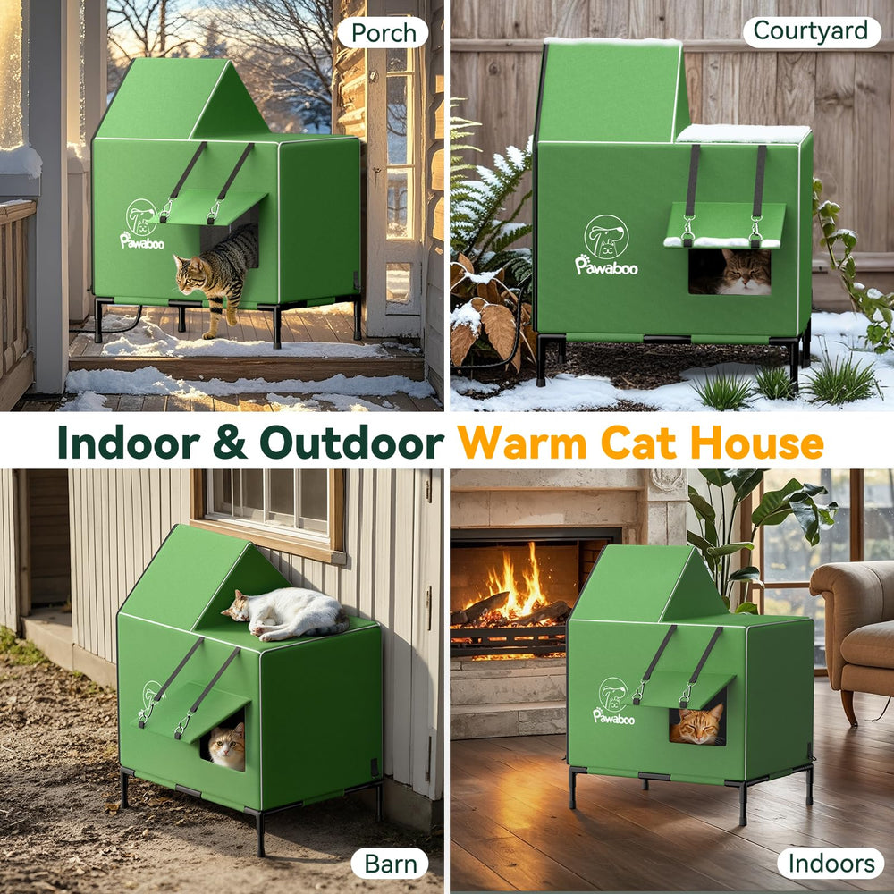 Pawaboo heated cat house is a versatile shelter for porches, barns, and gardens.