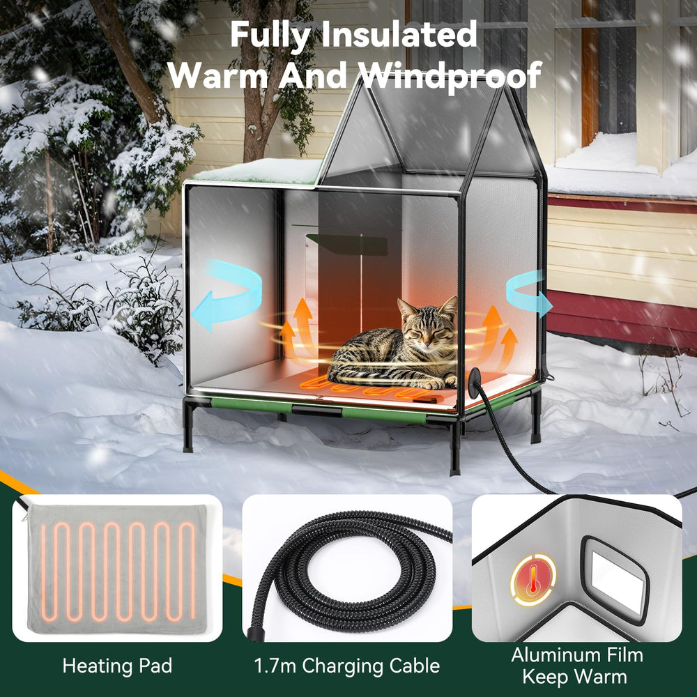 Pawaboo heated cat house elevated base keeps cats off cold, damp ground.