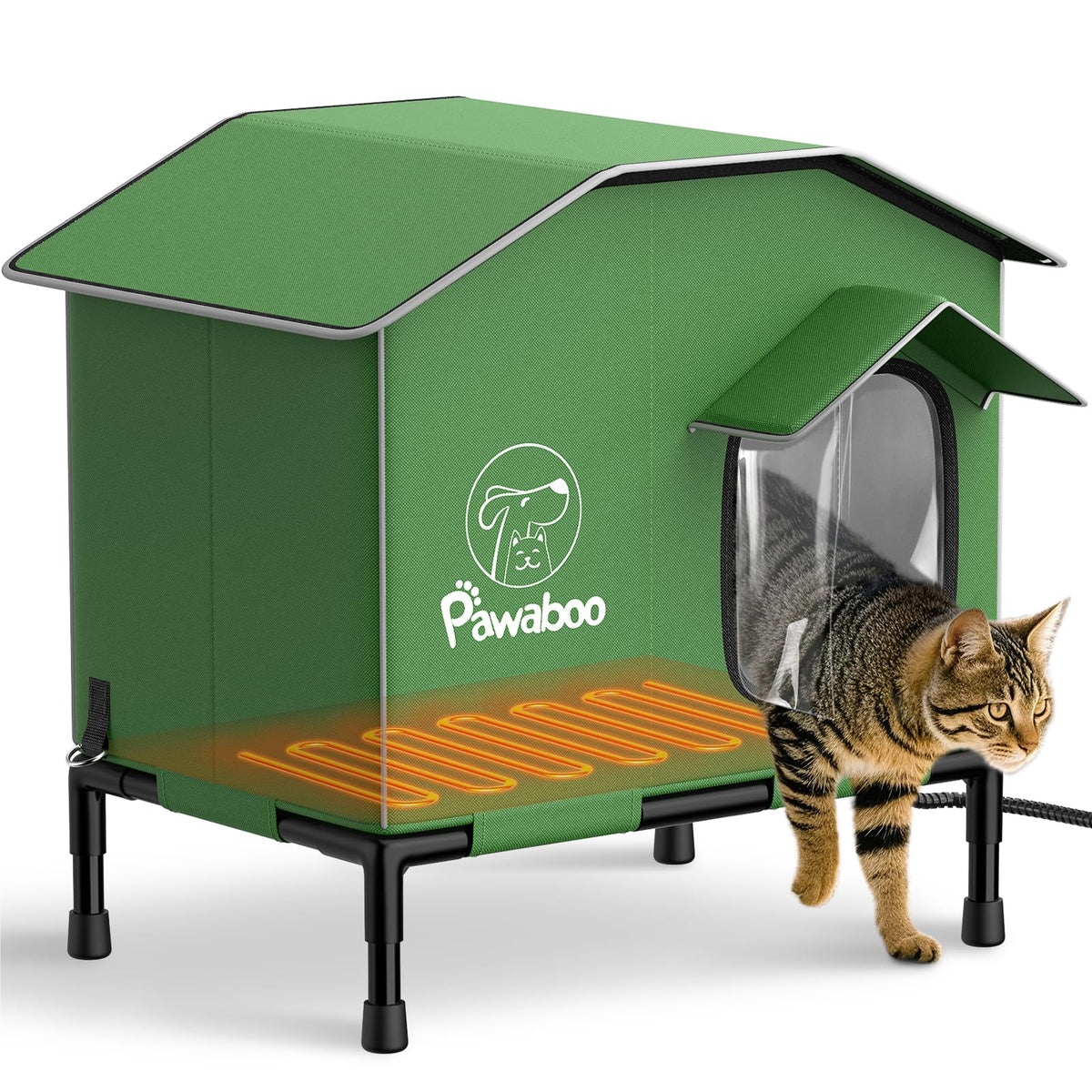 Pawaboo heated outdoor cat house front view with elevated base and weatherproof shell