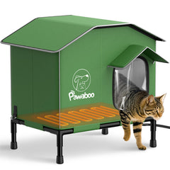 Pawaboo heated outdoor cat house front view with elevated base and weatherproof shell