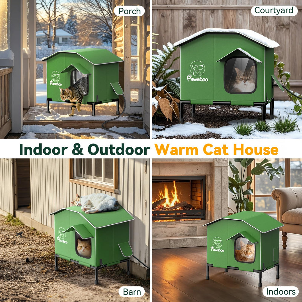 Pawaboo outdoor cat house on porch demonstrates versatile winter shelter