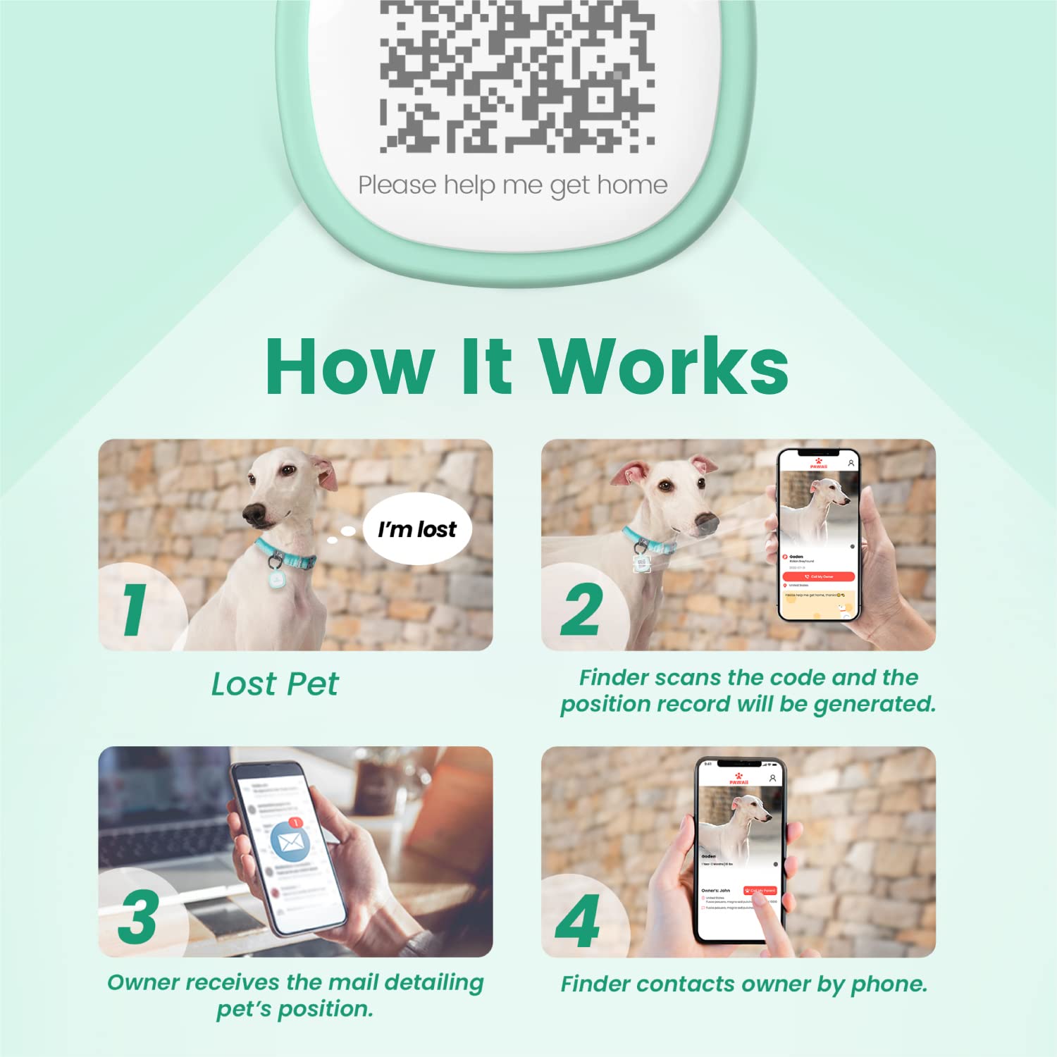 Pawaii QR code close-up on green tag enabling fast contact scan.