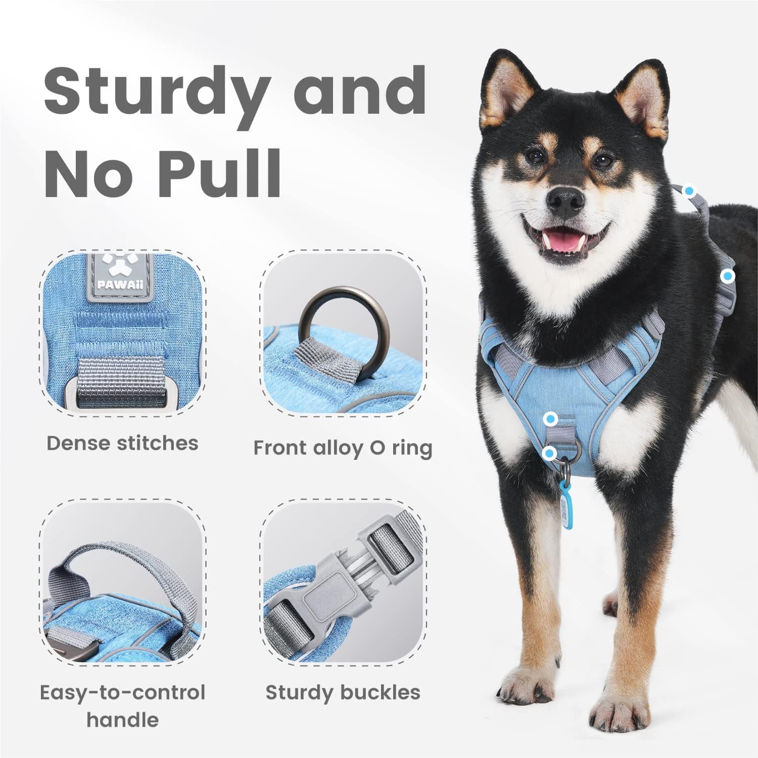 Pawaii harness close-up showing reflective strips for safer night walks