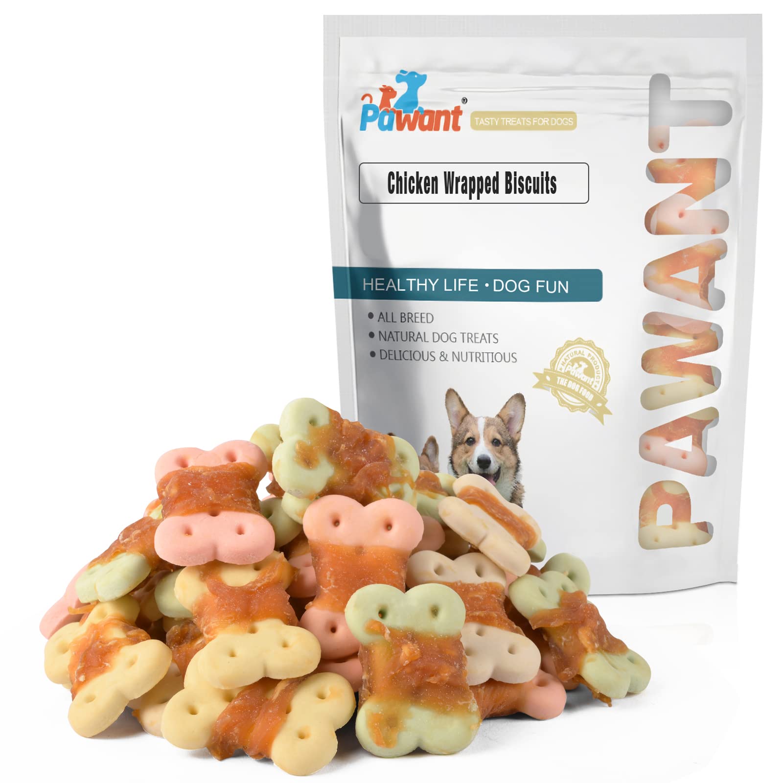 Pawant chicken biscuits dog treats pack is shown, a convenient training reward option.