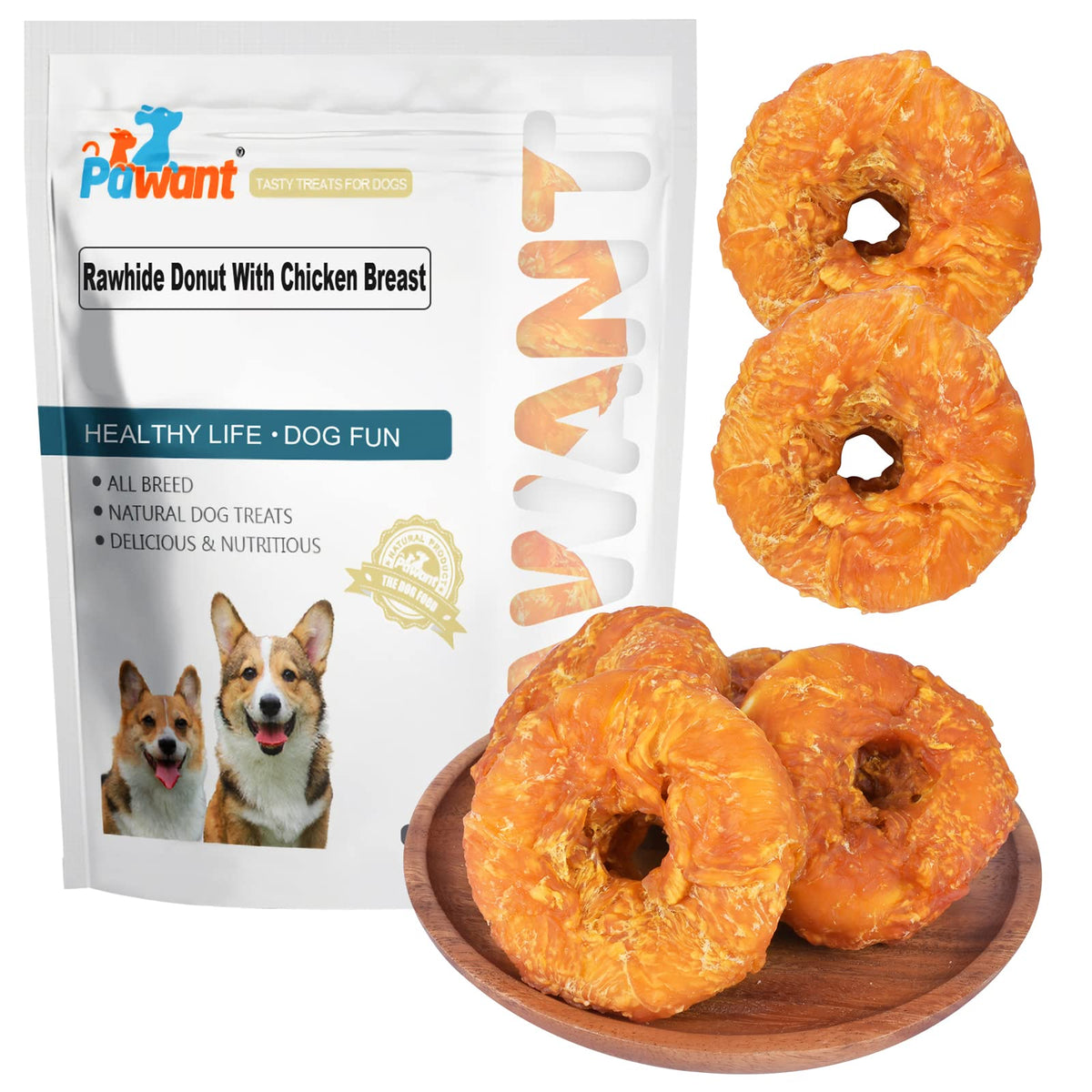 Pawant chicken-wrapped-rawhide-donuts packaging highlights premium ingredients for dogs.