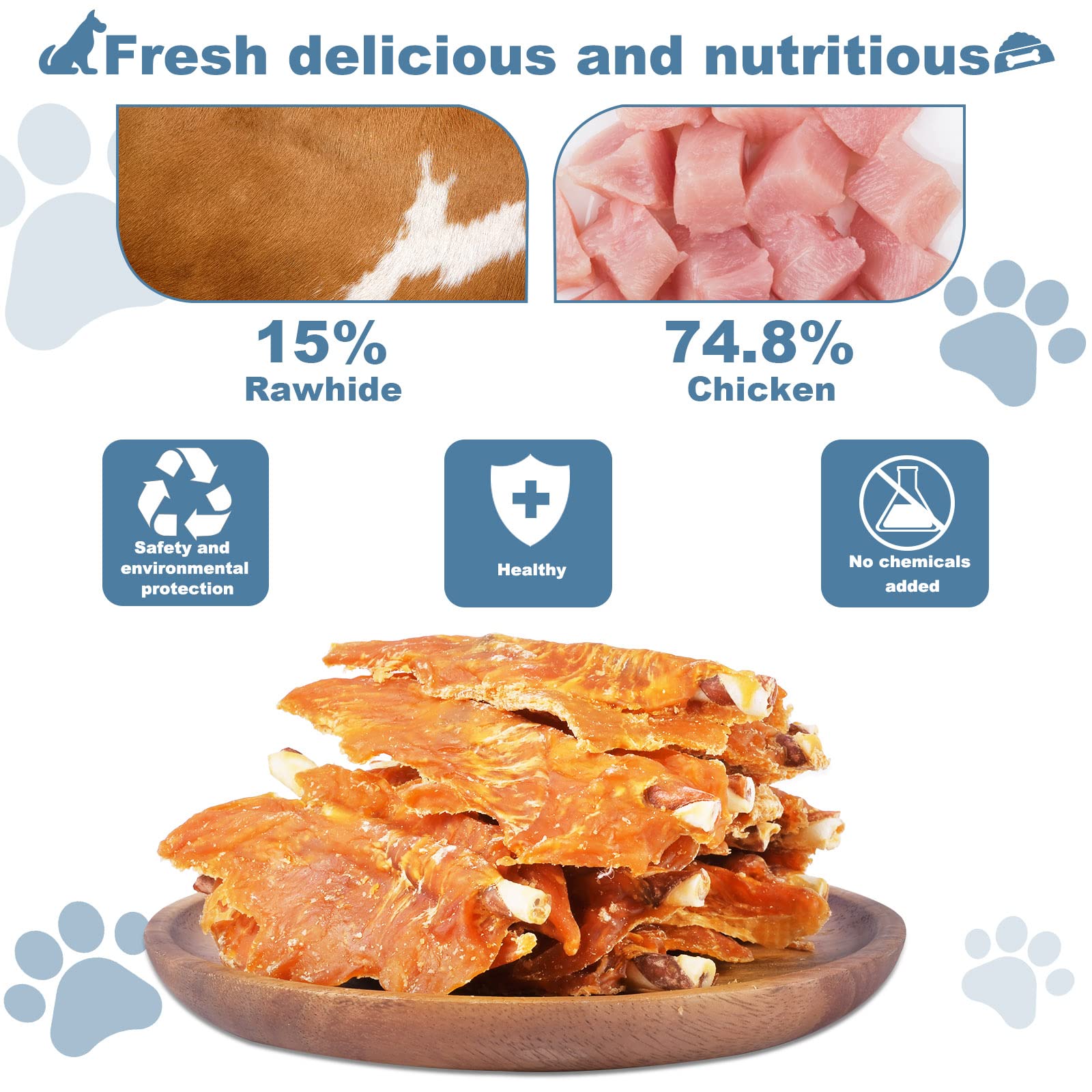 Pawant dog chews chicken rawhide treats shown for durable chewing and dental support.