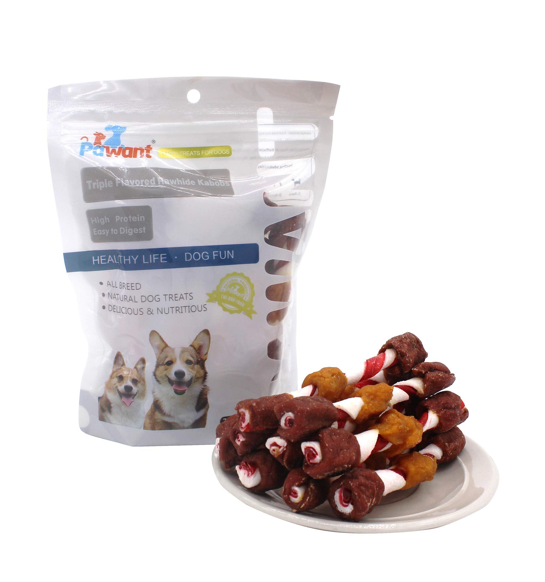 Close-up of Pawant kabobs reveals two-tone rawhide sticks ideal for durable chews.