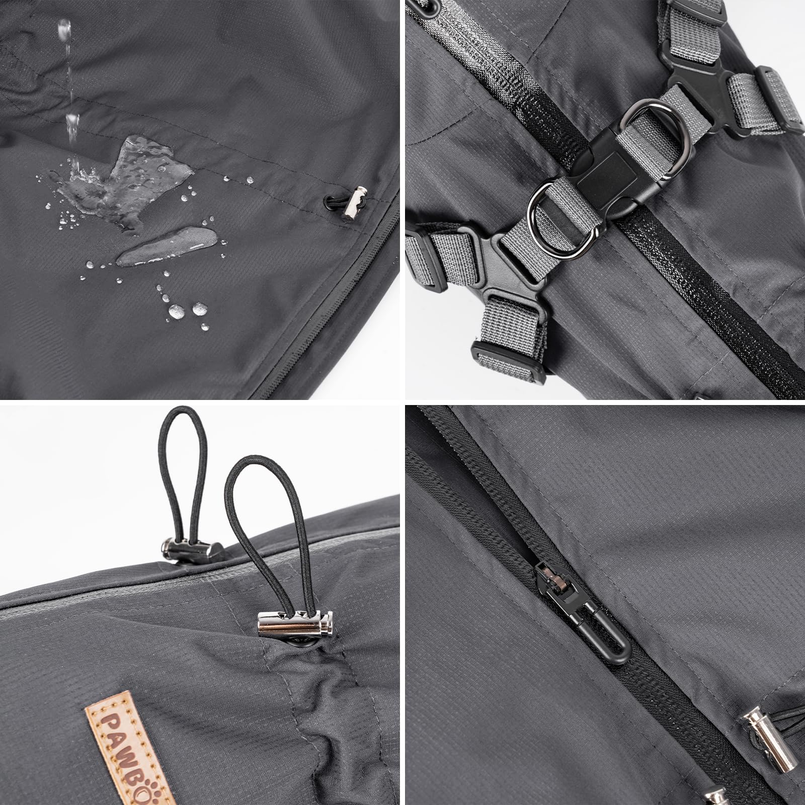 PAWBOSE raincoat with adjustable neck and back buckles ensures secure fit.