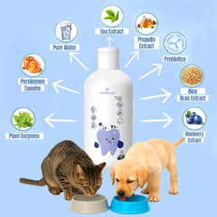 PawBright Dental Plus water bowl dispense showing odorless formula mix for pets.