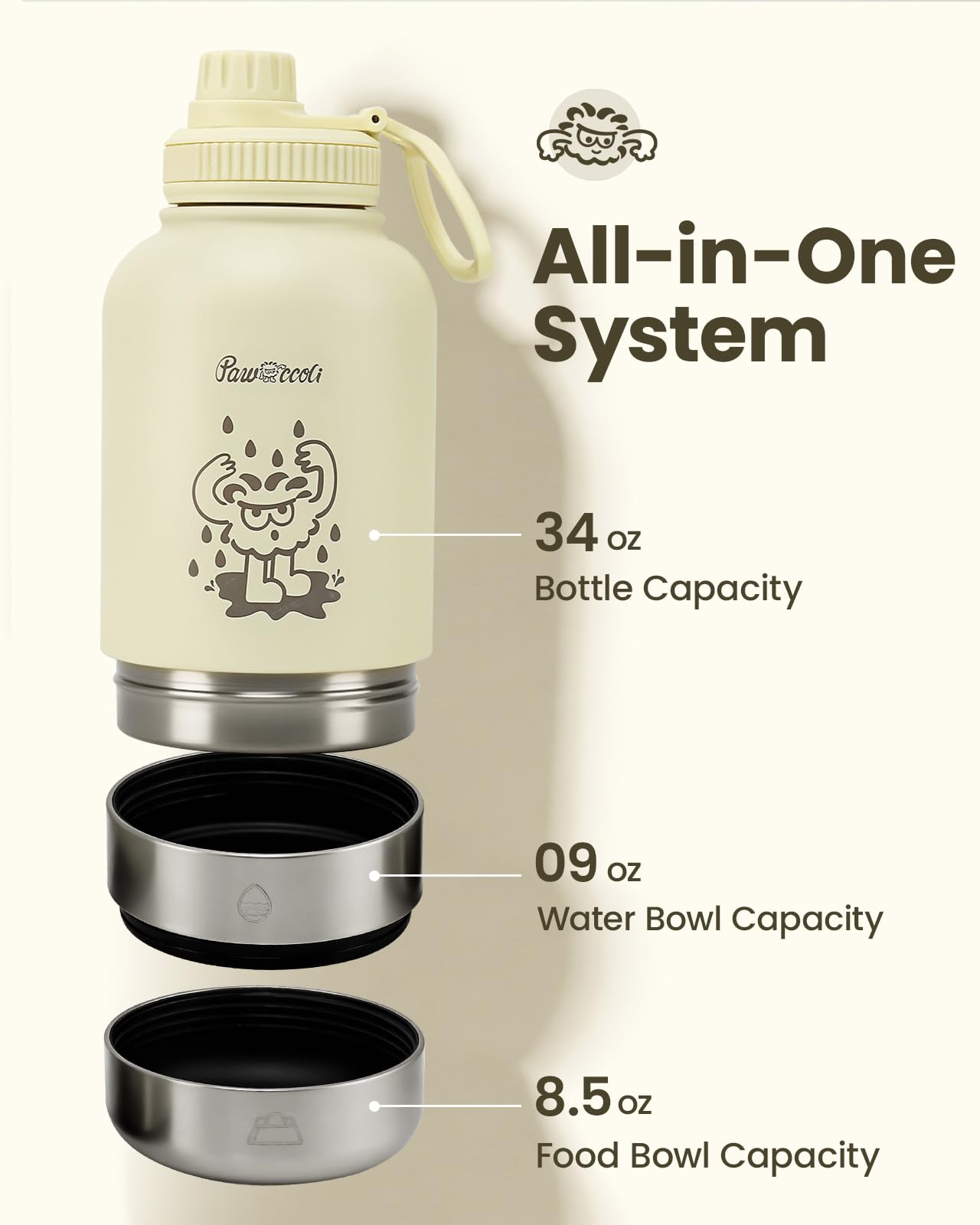Pawccoli 34oz cream bottle side view with carabiner for attachment