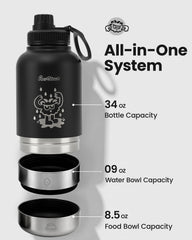Pawccoli 34oz dog water bottle detachable bowls showcase convenient meal-and-water on trips.