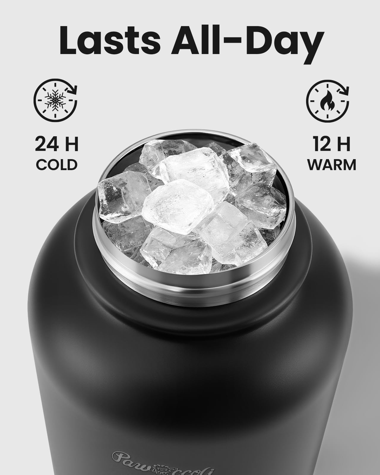 Pawccoli 34oz bottle wide-mouth opening lets ice cubes in for cooling.