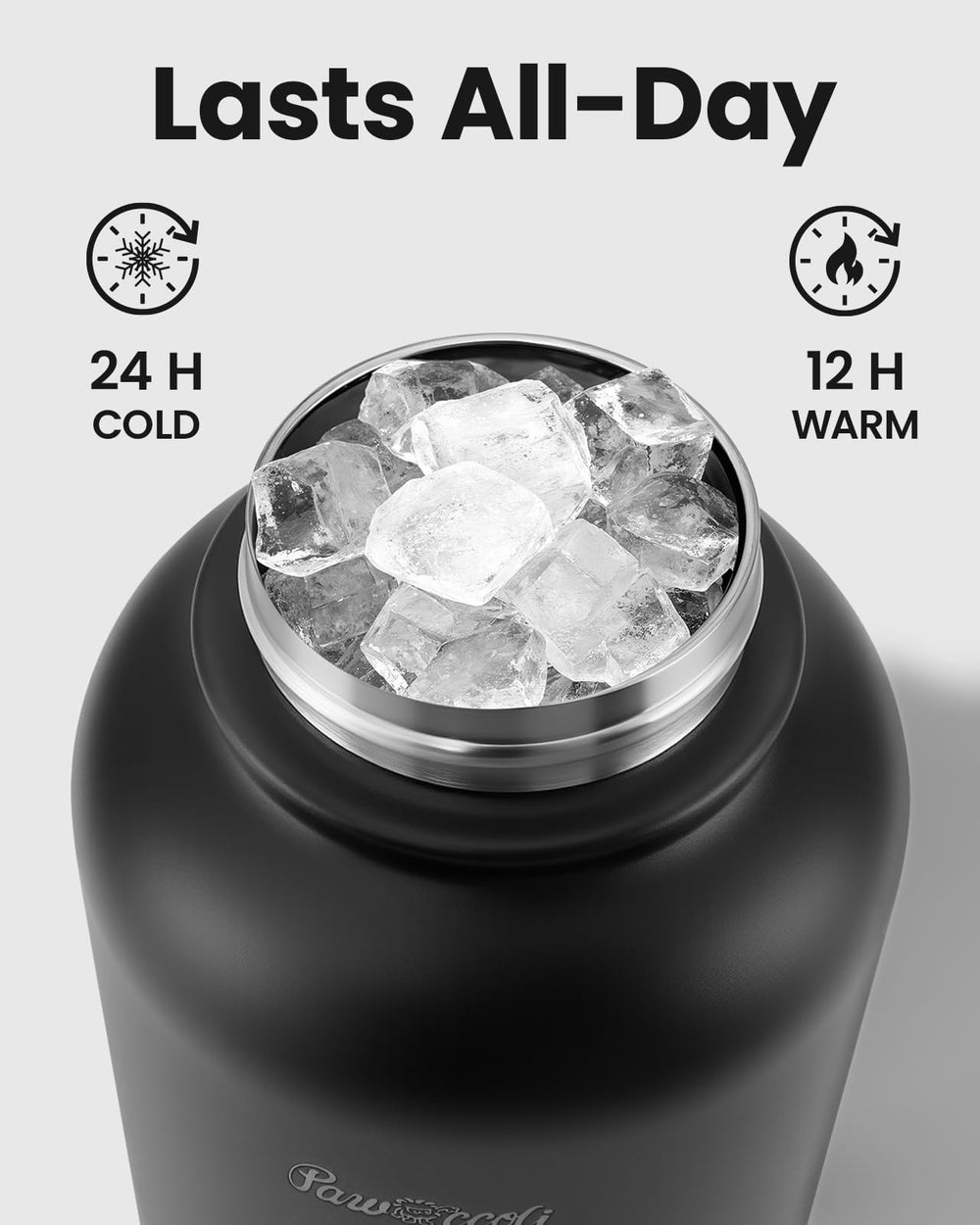 Pawccoli 34oz bottle wide-mouth opening lets ice cubes in for cooling.