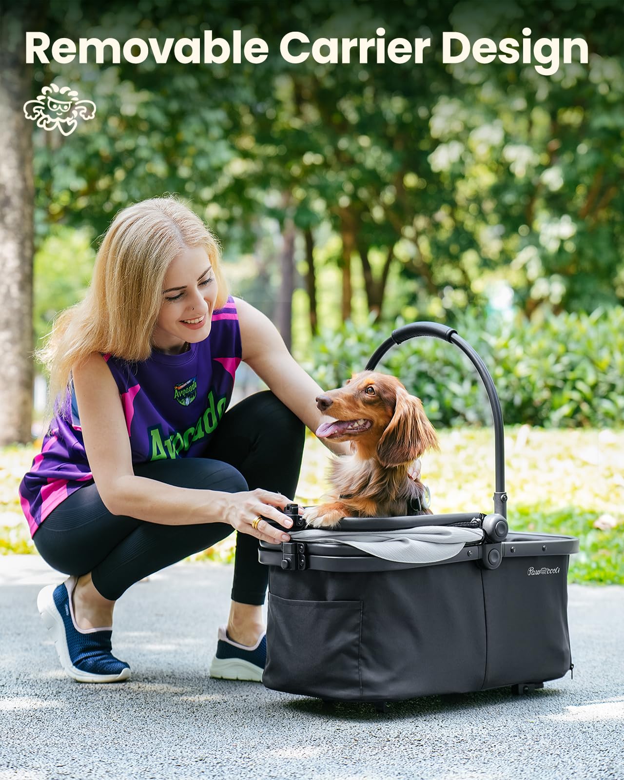 Pawccoli pet stroller with three safety tethers ensuring pet security