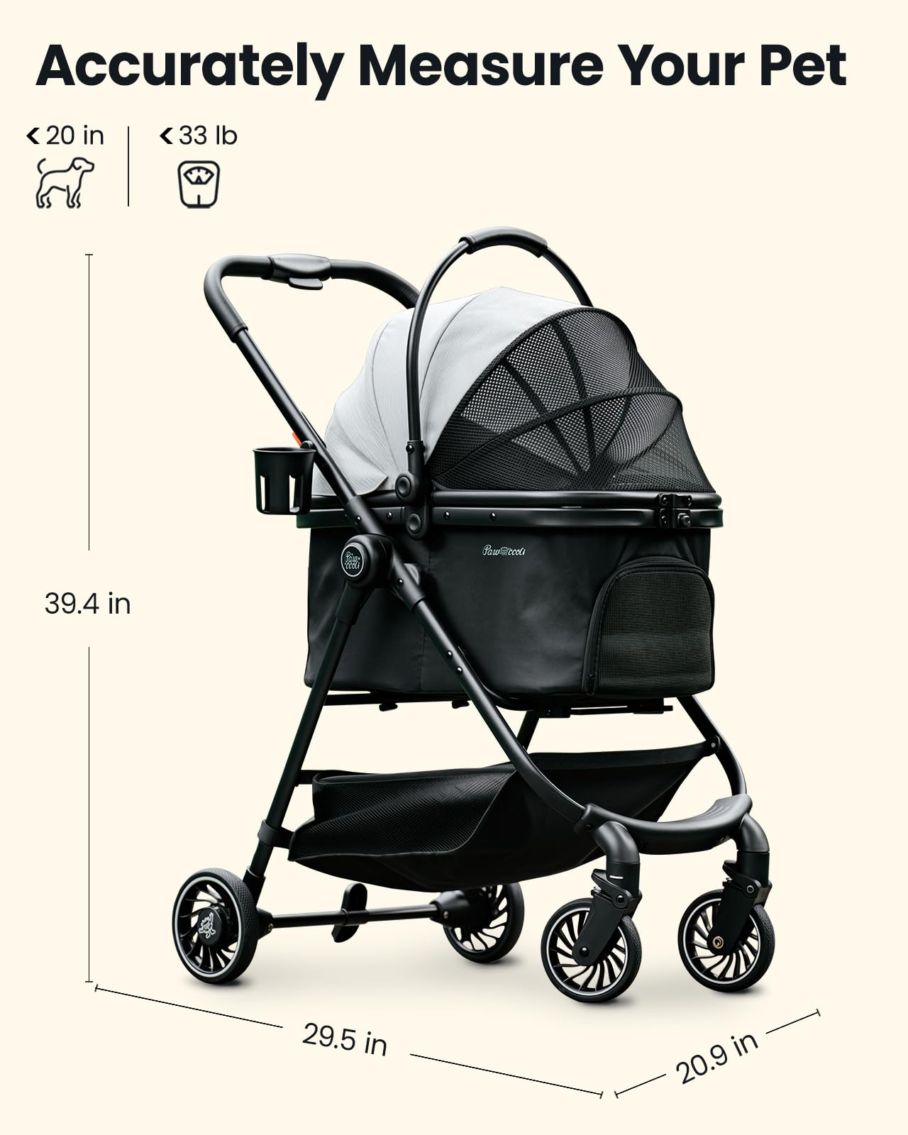 Pawccoli pet stroller bottom storage and cup holder for essentials