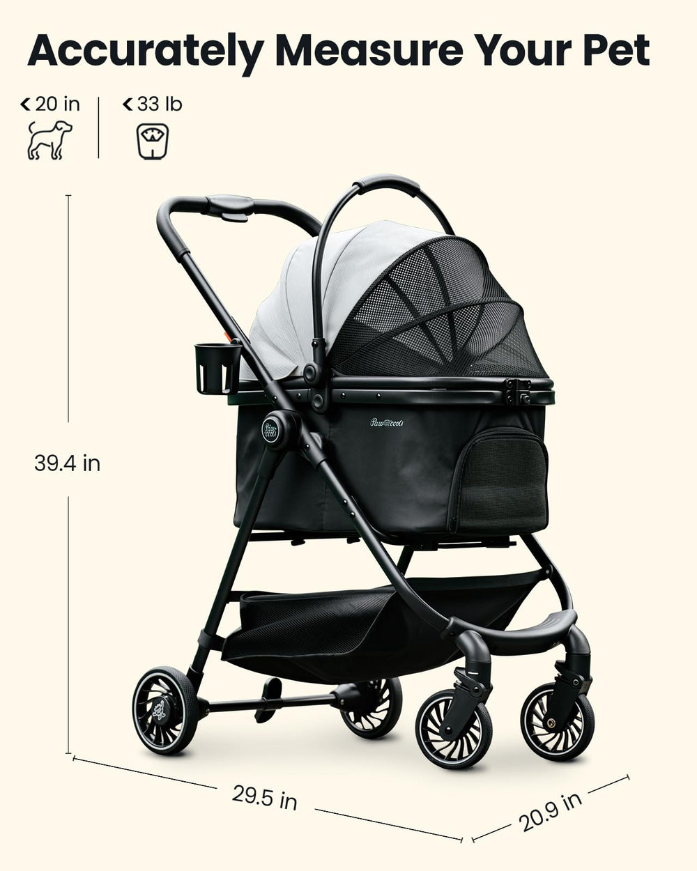 Pawccoli pet stroller bottom storage and cup holder for essentials