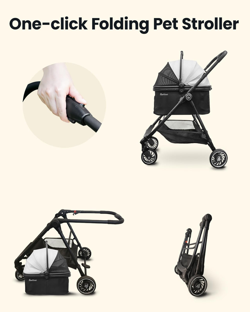 Pawccoli pet stroller ergonomic leather-handled grip for comfort