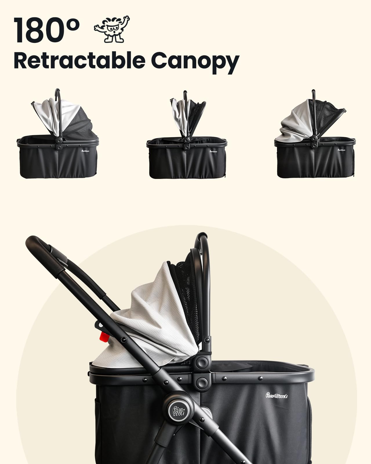 Pawccoli pet stroller in folded position with one-click fold feature
