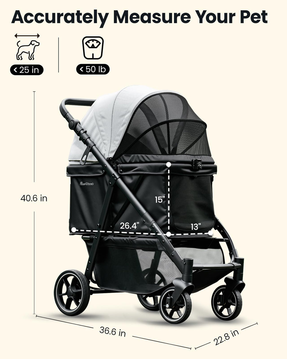 Pawccoli stroller adjustable-handle adapts to most owner heights.