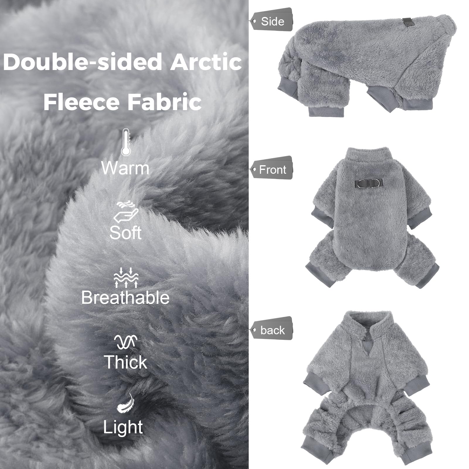 PAWCHIE fuzzy velvet pajamas grey side-view highlighting easy-on design