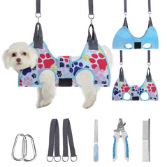 PAWCHIE dog grooming hammock harness blue XS demonstrates secure at-home grooming setup for nail trimming.