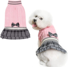 PAWCHIE dog sweater dress in red with bowtie keeps small dogs warm and stylish