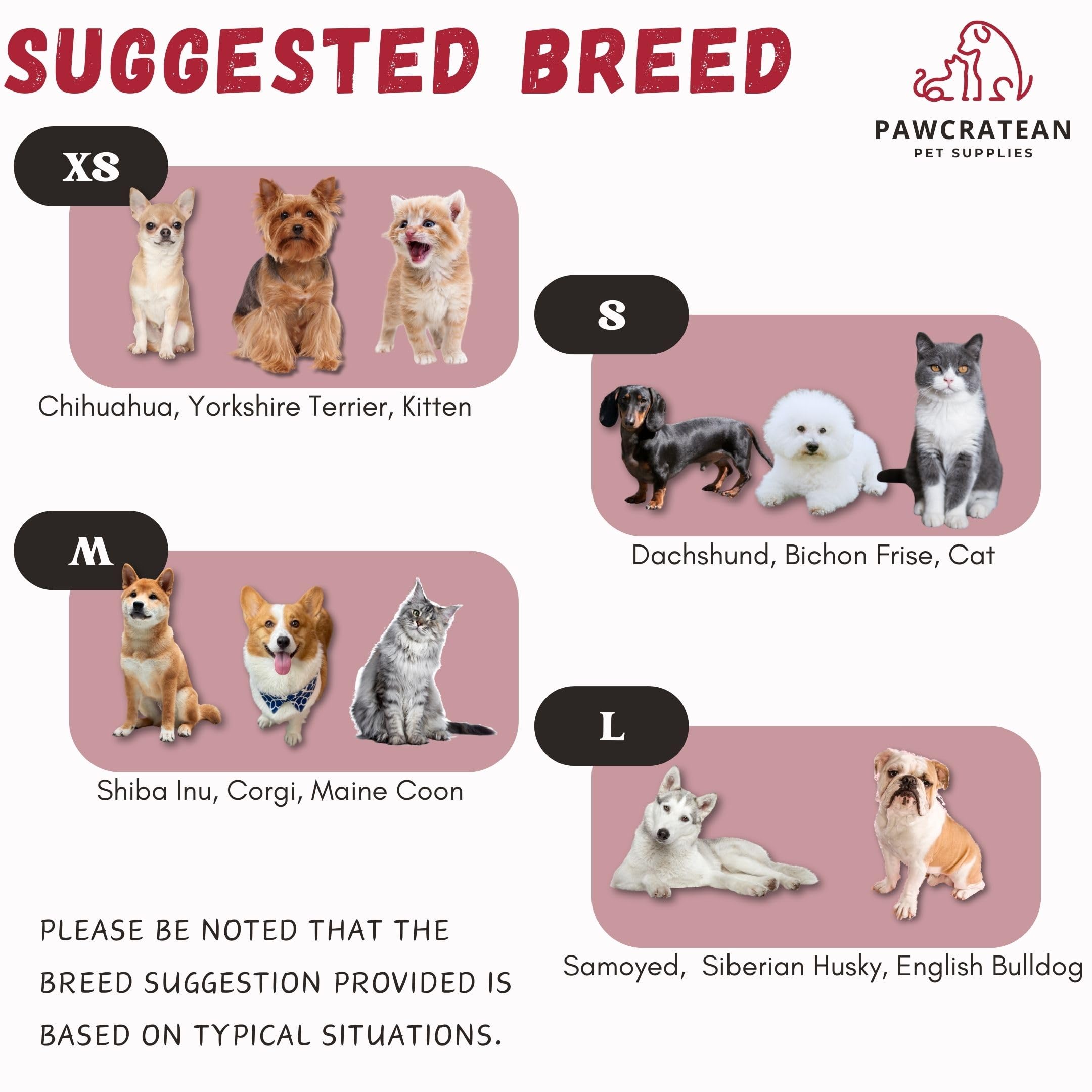 Pawcratean size-chart reference image helps find the right fit.