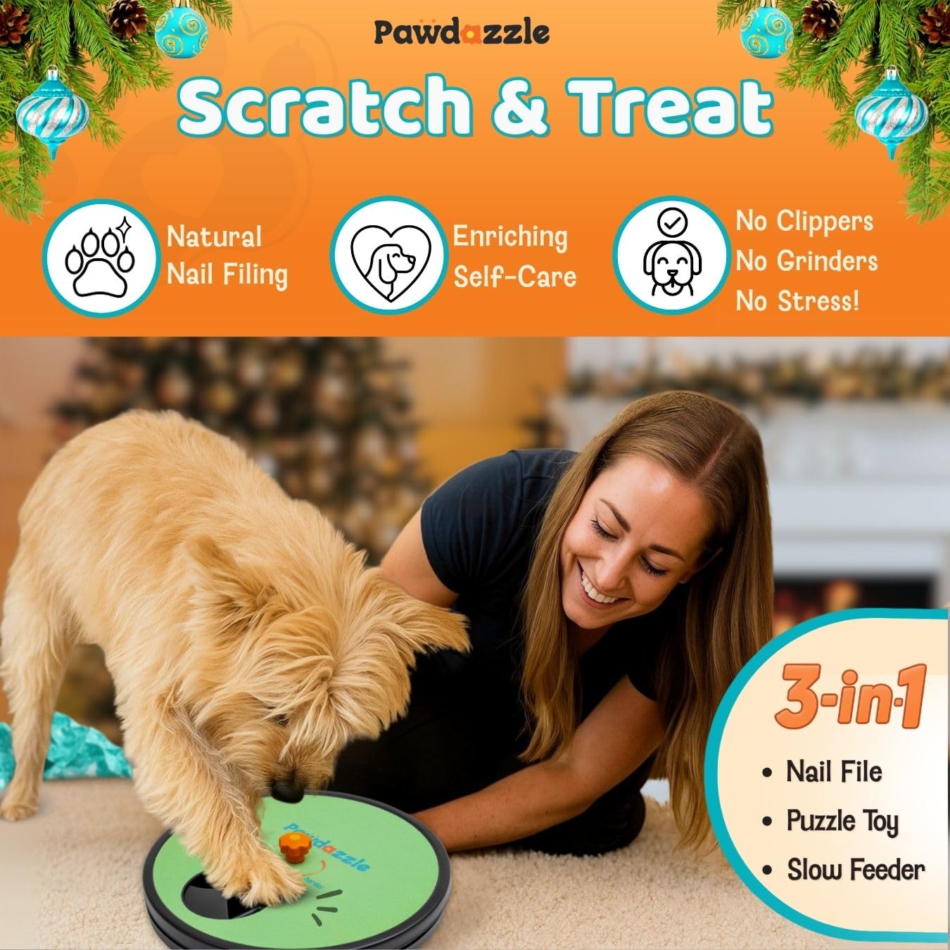 Pawdazzle dog nail scratch board built-in treat-dispensing motivates dogs