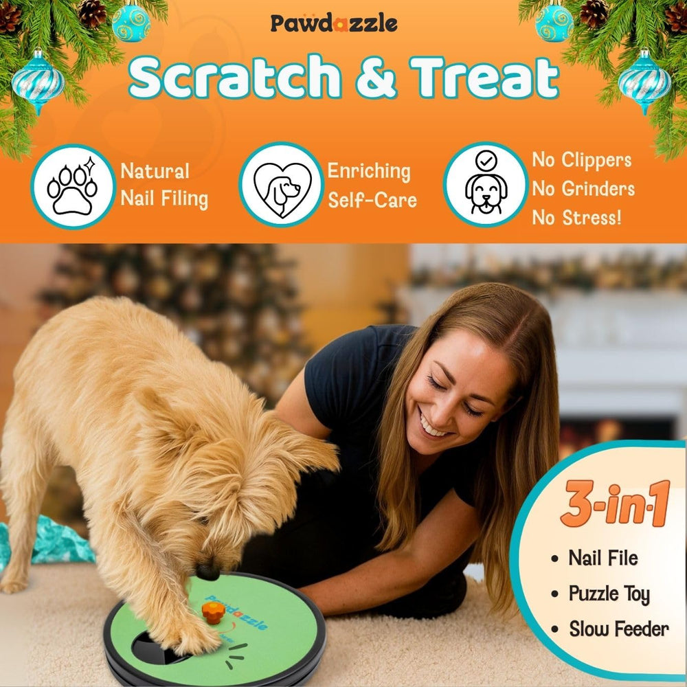 Pawdazzle dog nail scratch board built-in treat-dispensing motivates dogs