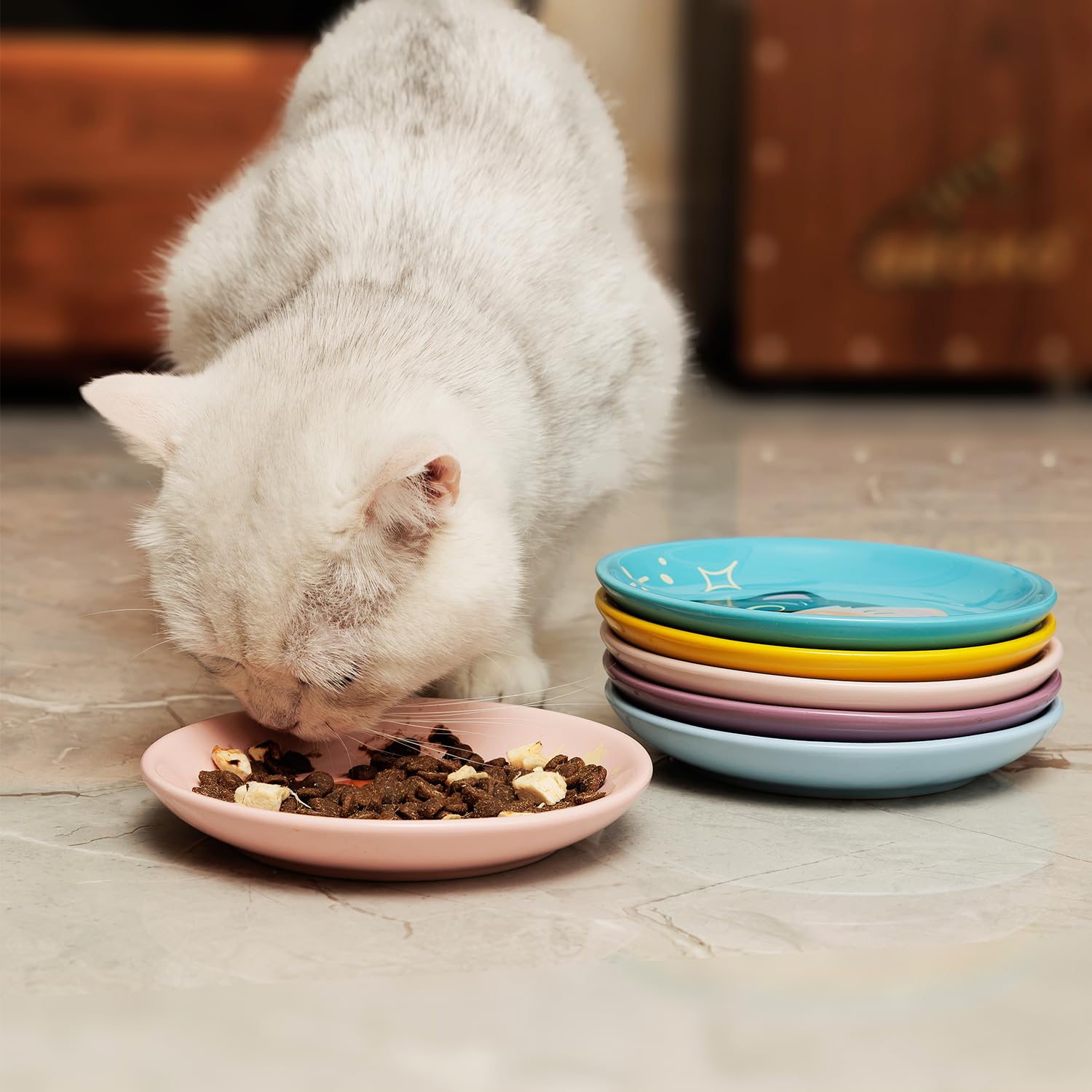Pawdoer Ceramic Shallow Cat Dish whisker-friendly design minimizes contact during meals.