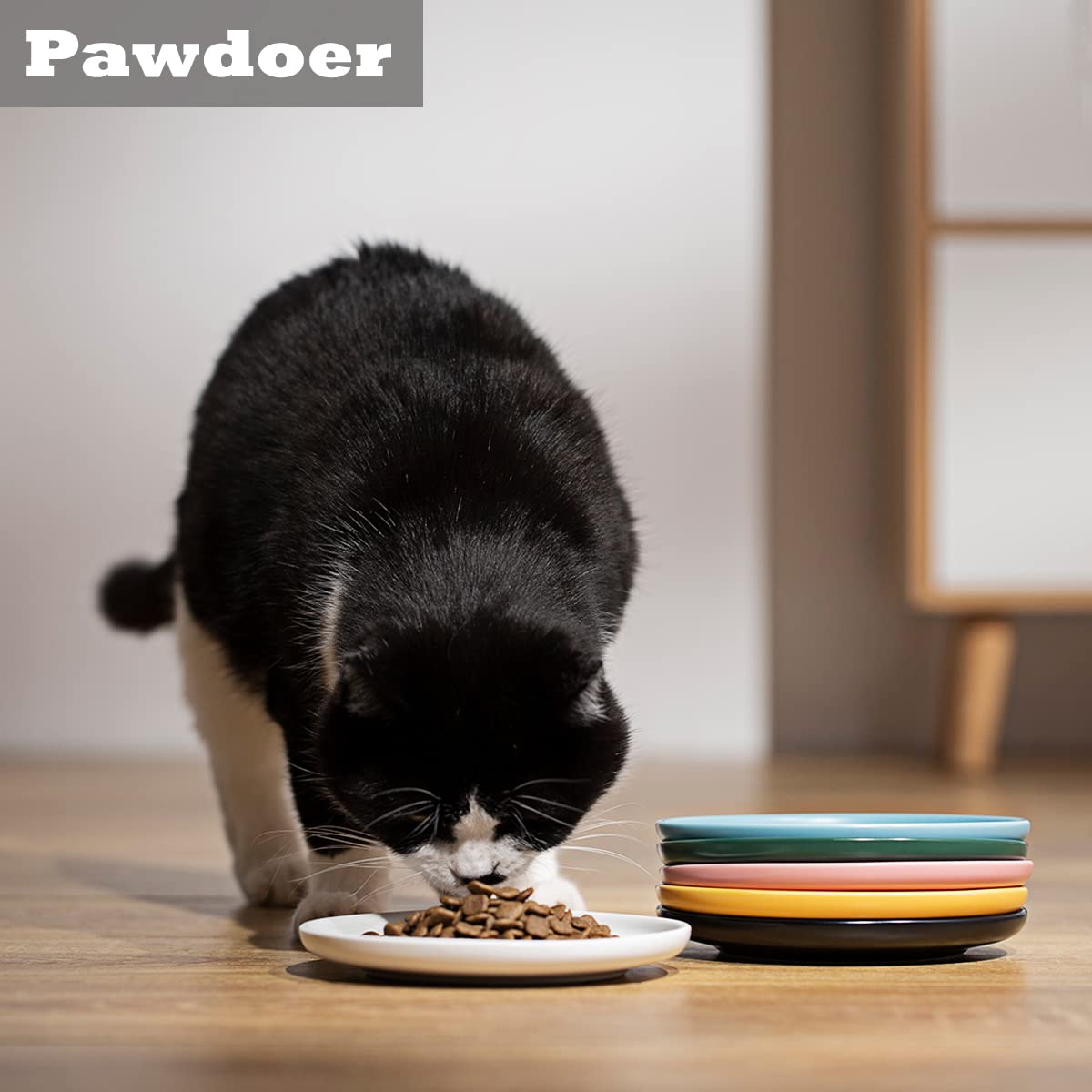 Pawdoer ceramic shallow cat dish wide opening, easy access with reduced whisker contact.