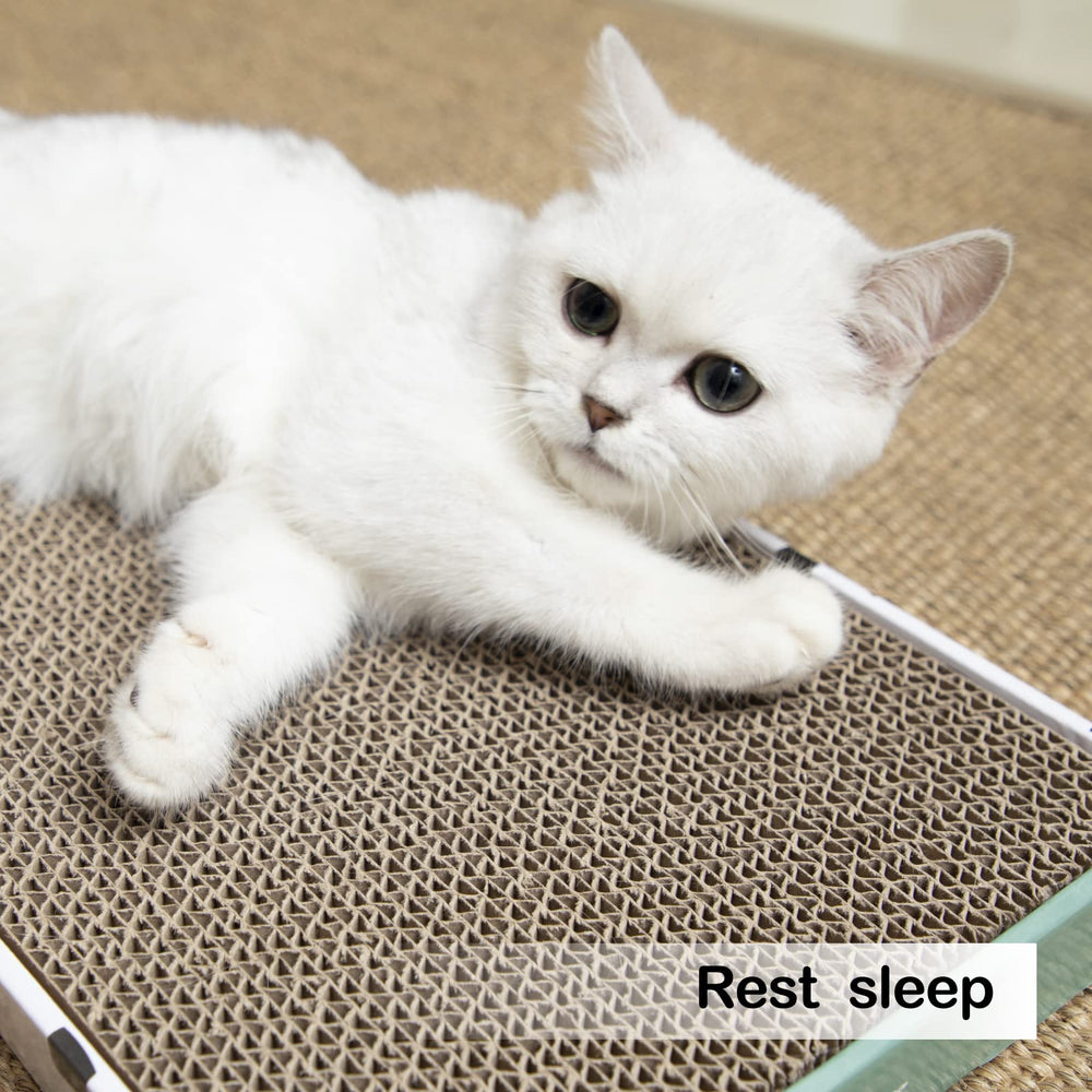 PAWSFANS lounge-ready scratch pad demonstrates versatile placement beside sofa or bed