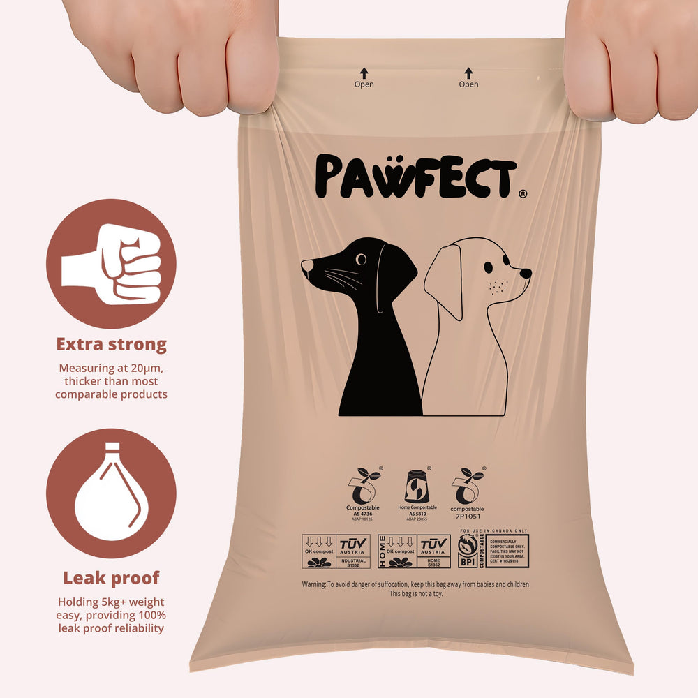 Pawfect dog poop bags rolls demonstrate ASTM D6400 and EN 13432 compostable certification.