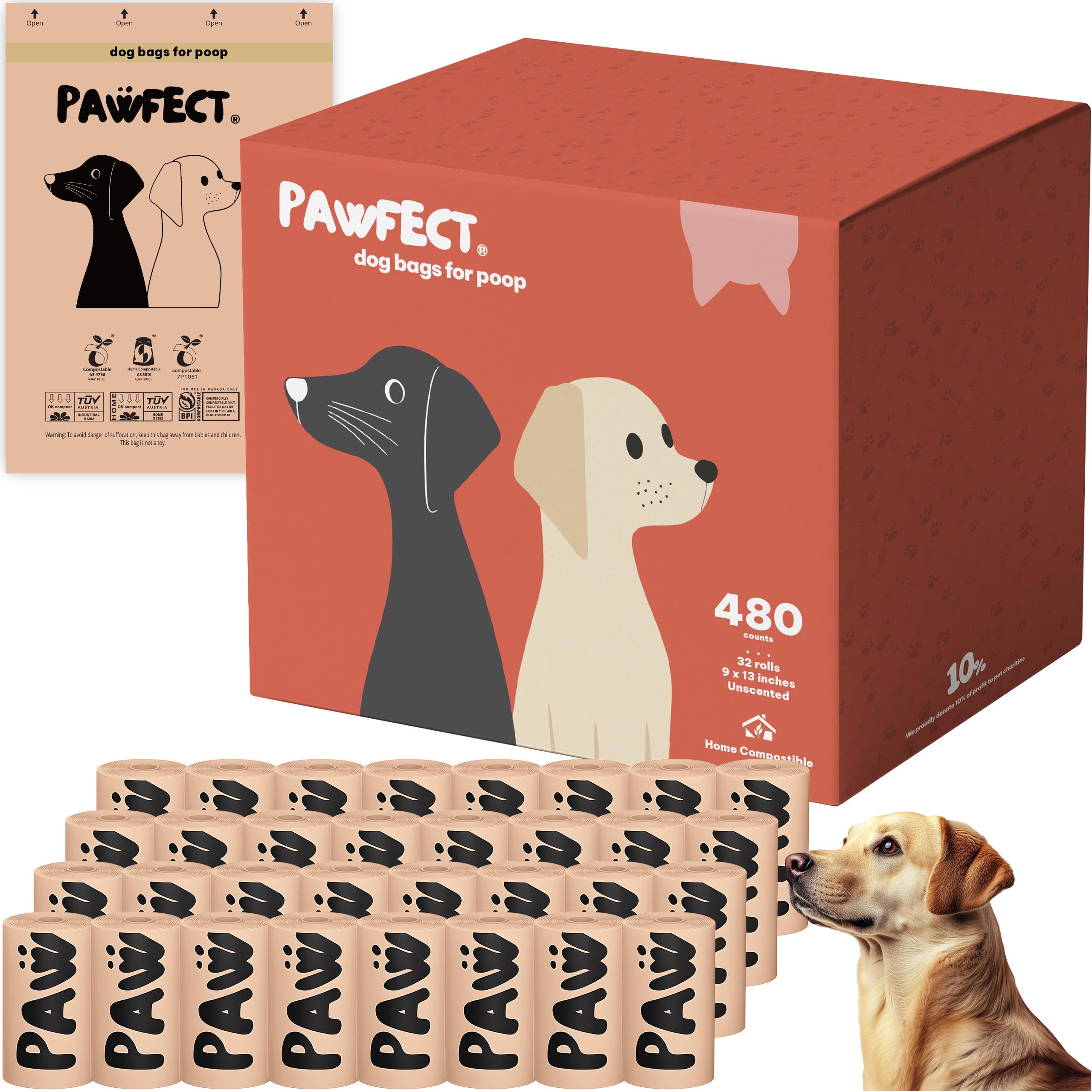 Pawfect dog poop bags rolls packaging highlights eco-friendly materials and compostable promise.