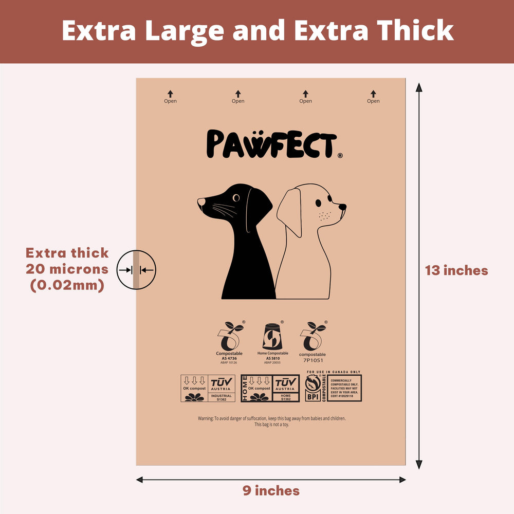 Pawfect dog poop bags rolls UK brand label signals trusted quality.
