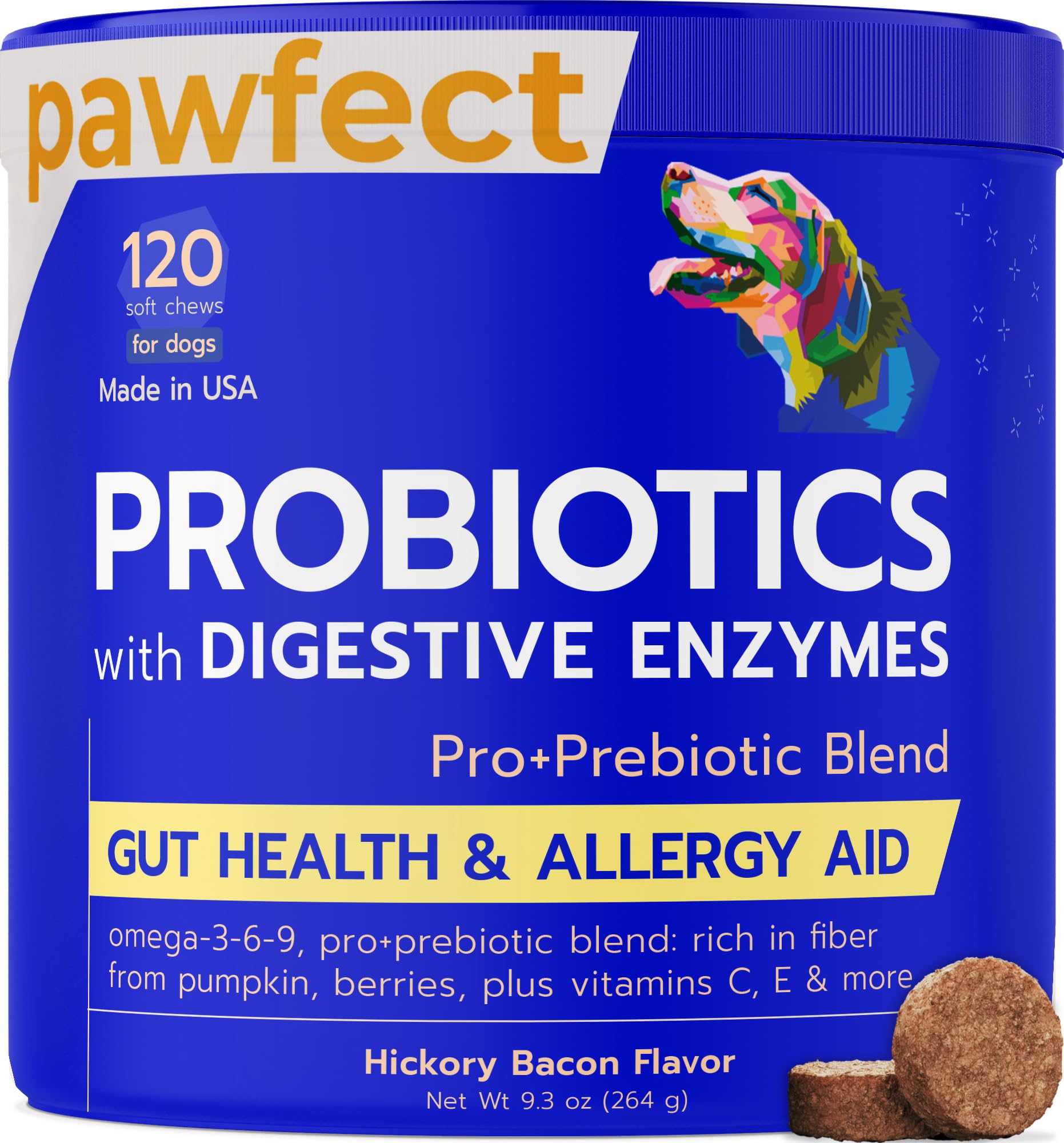 PAWFECTCHEW dog probiotics chews pack shot highlighting easy feeding and gut support.